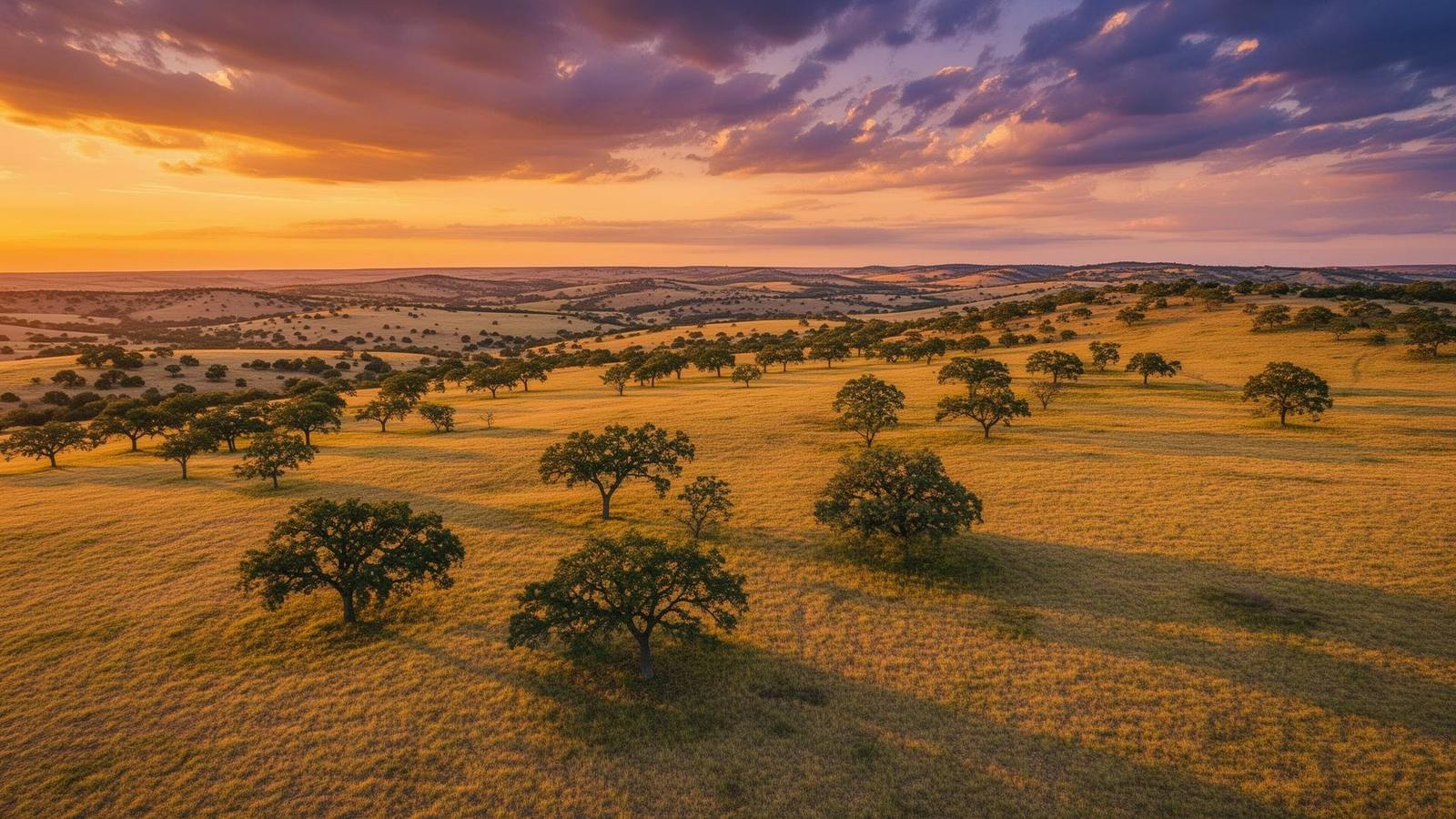 Ranch land in North Texas at sunset.